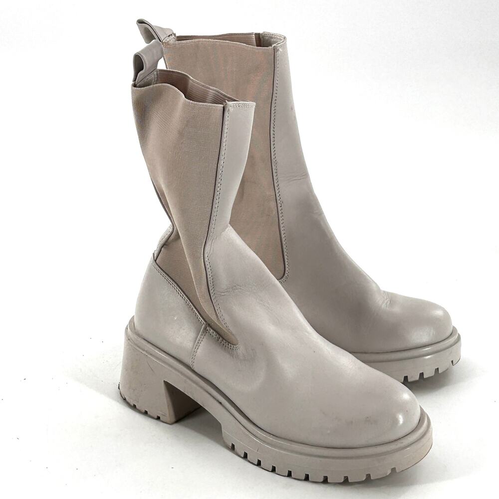 Steve Madden Hesitant Lug Mid Calf Boot 6 Bone Leather White Cream Chelsea